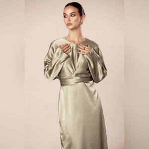 Bridal Batwing Satin Tie Waist Maxi Dress in Sage long sleeve